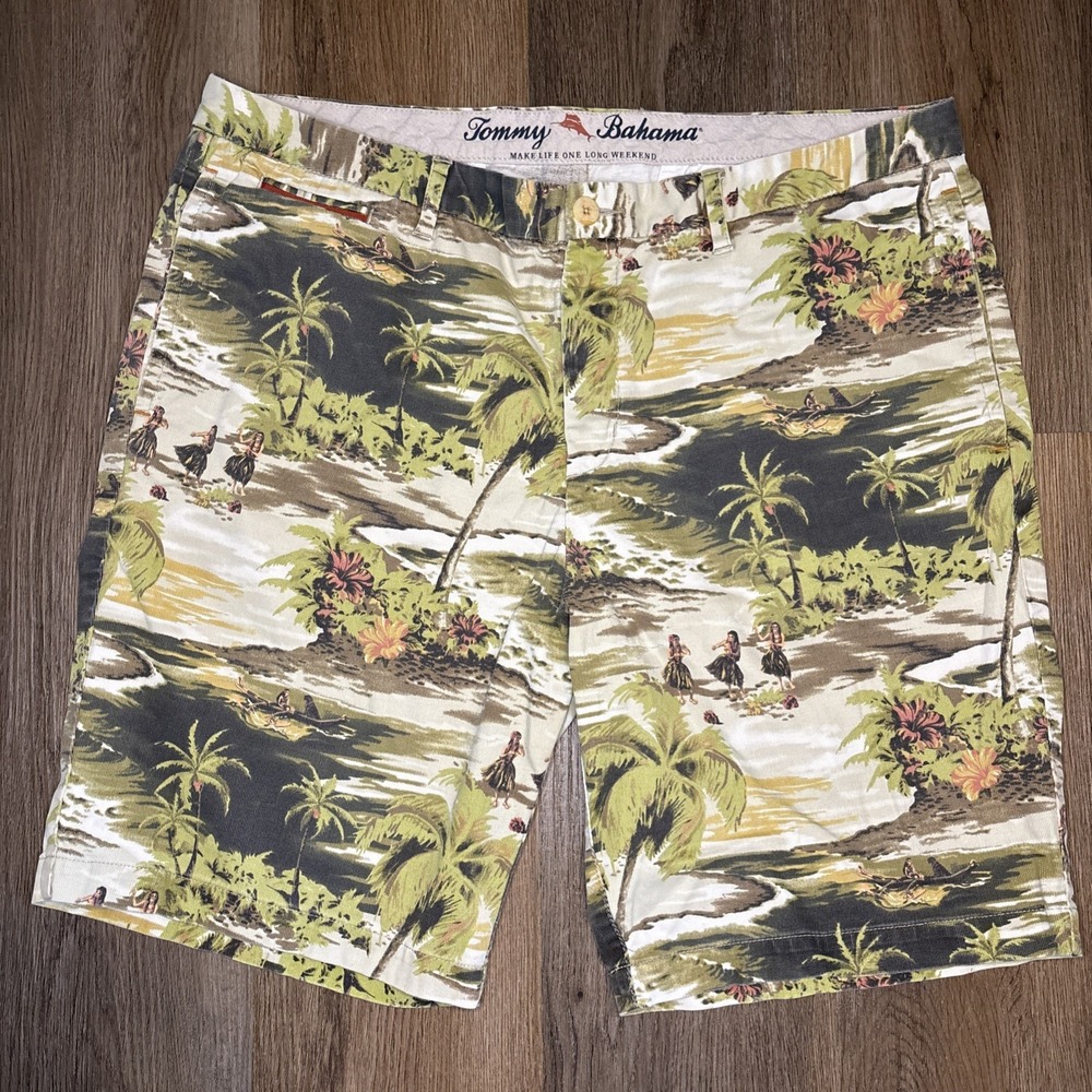 Tommy Bahama Shorts Men's 38 10" AOP Hawaiian Tropical Resort Hula Girl‎ Beach